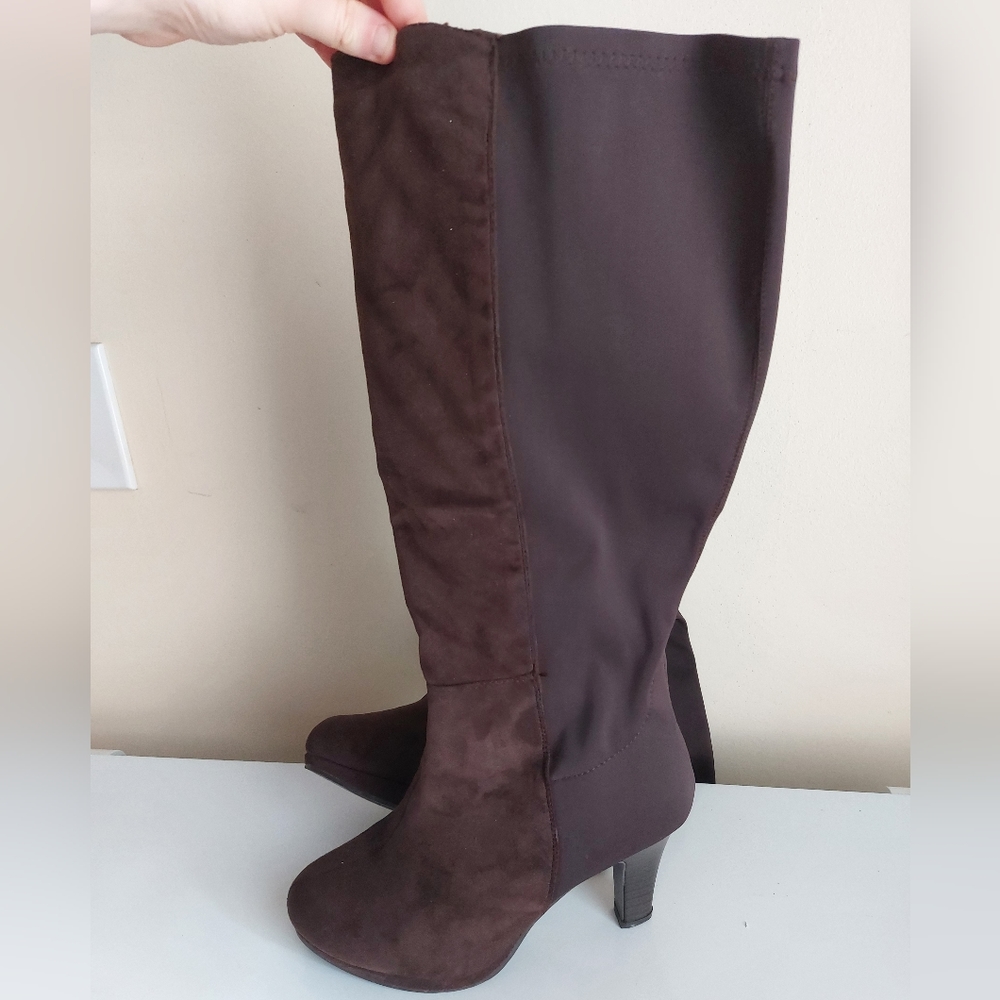 Lane Bryant - Faux Suede Brown Knee-High Heeled Boots w/ Zipper - Picture 3 of 12